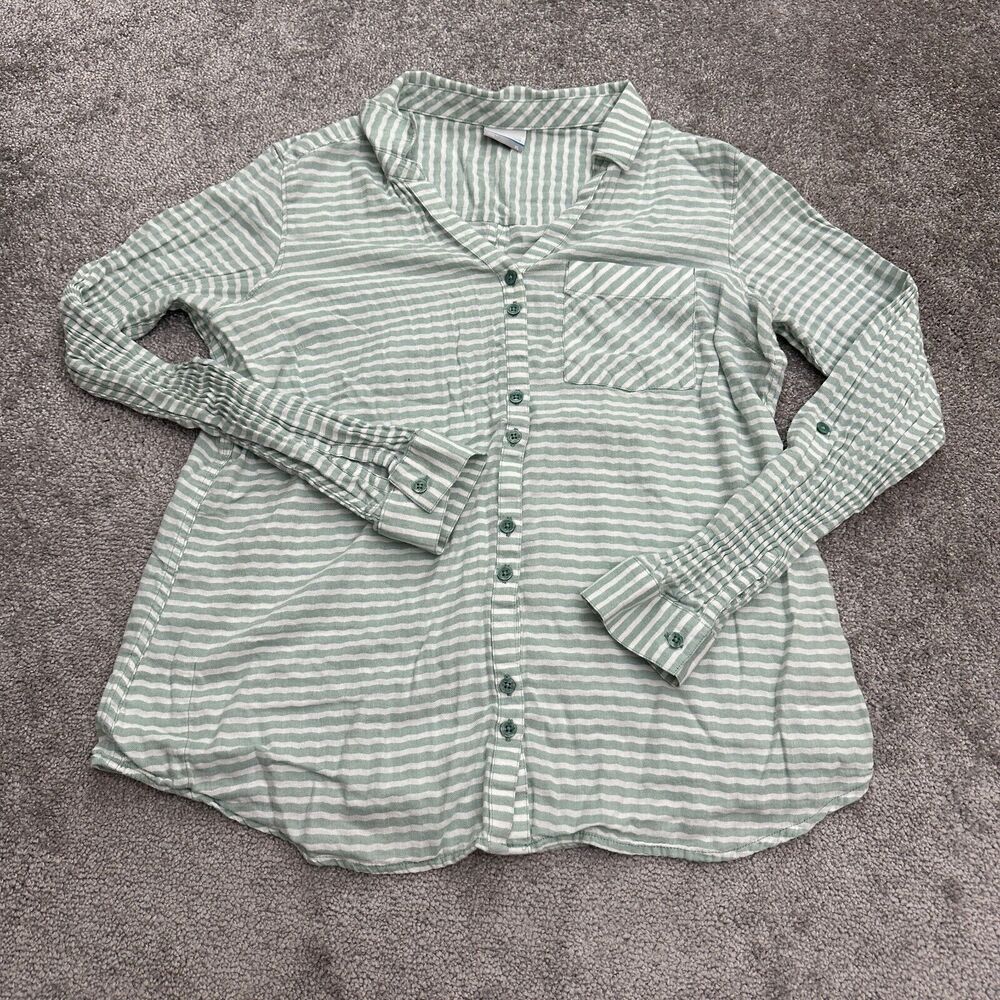 Columbia Button Down Shirt Womens XL Green White Striped Cotton Long Sleeve Top